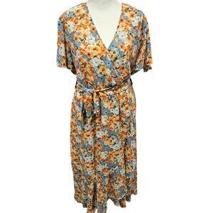 Pretty garden wrap ruffle dress womens xxl plus 2x orange cottage floral midi